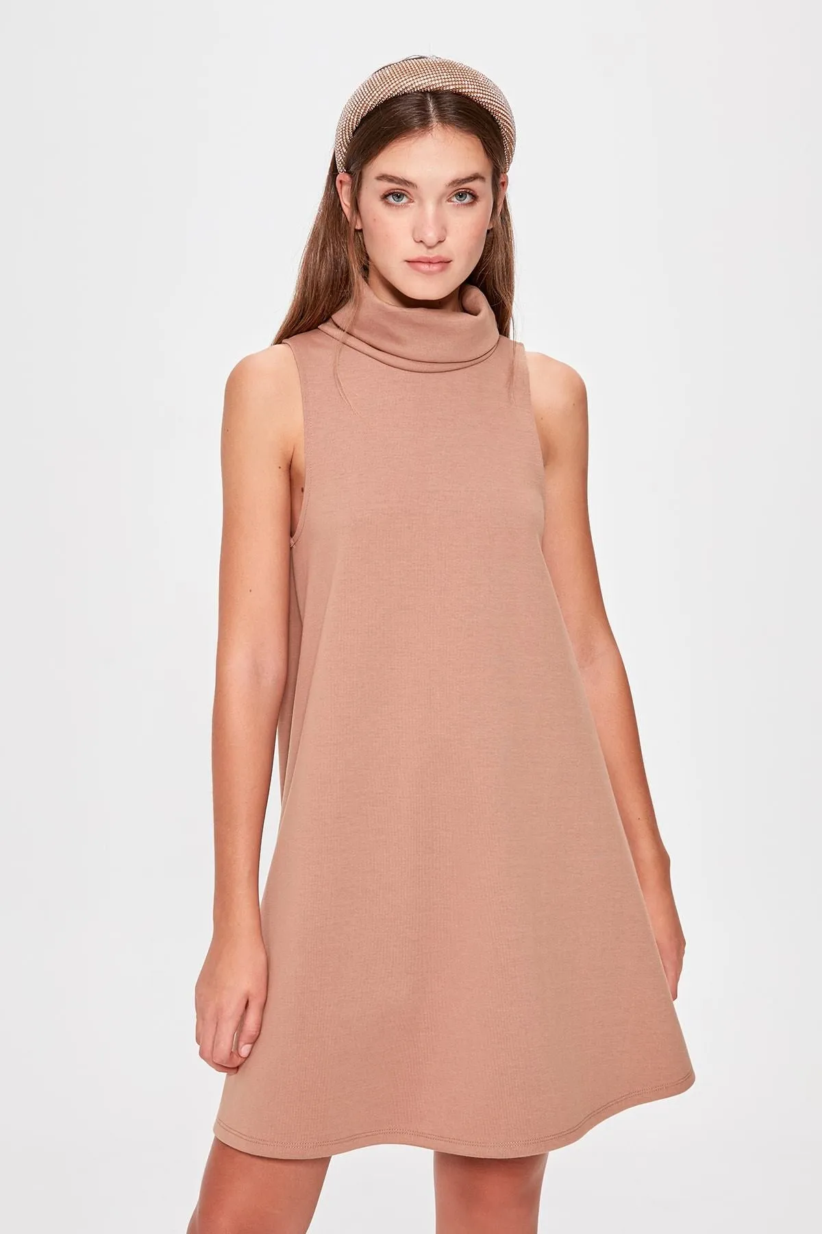 13058 Camel Turtleneck Knitted Dress