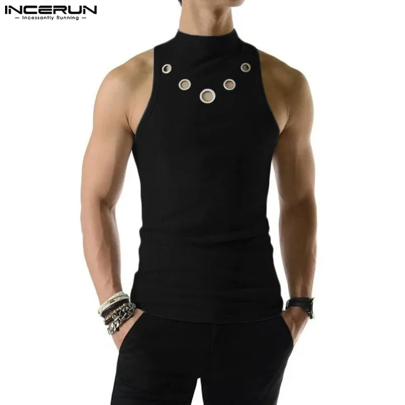 2023 Men Tank Tops Solid Color Turtleneck Sleeveless Knitted Casual