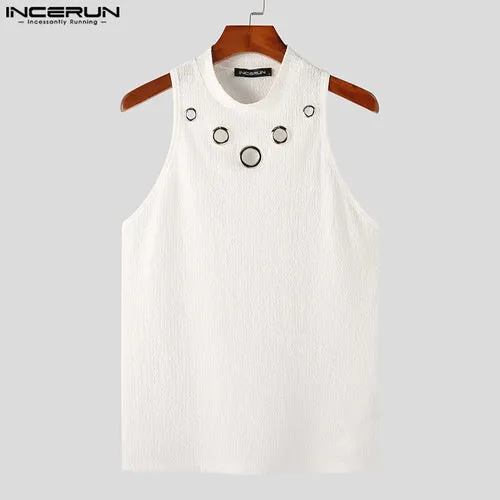 2023 Men Tank Tops Solid Color Turtleneck Sleeveless Knitted Casual