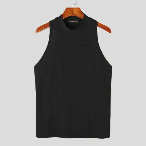 2023 Men Tank Tops Solid Color Turtleneck Sleeveless Knitted Casual