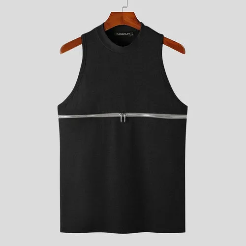 2023 Men Tank Tops Solid Color Turtleneck Sleeveless Knitted Casual