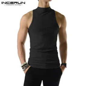 2023 Men Tank Tops Solid Color Turtleneck Sleeveless Knitted Casual