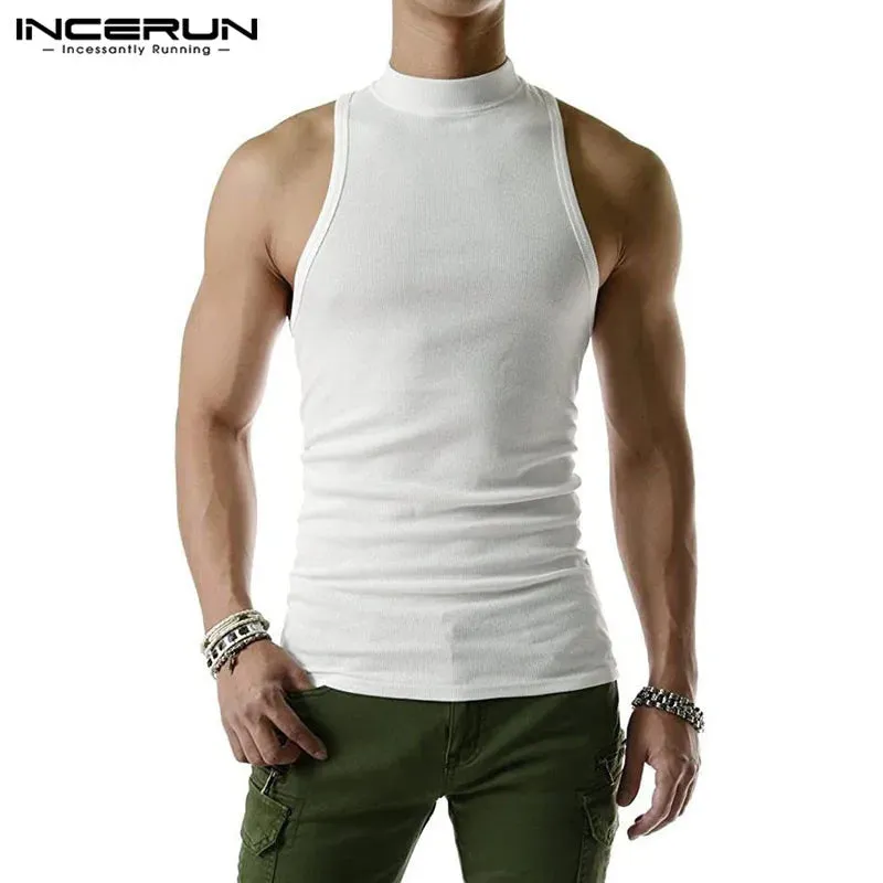 2023 Men Tank Tops Solid Color Turtleneck Sleeveless Knitted Casual