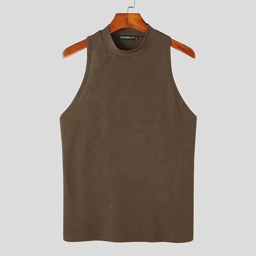 2023 Men Tank Tops Solid Color Turtleneck Sleeveless Knitted Casual