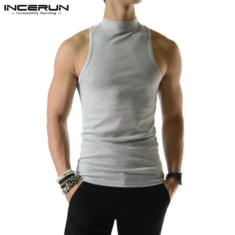 2023 Men Tank Tops Solid Color Turtleneck Sleeveless Knitted Casual