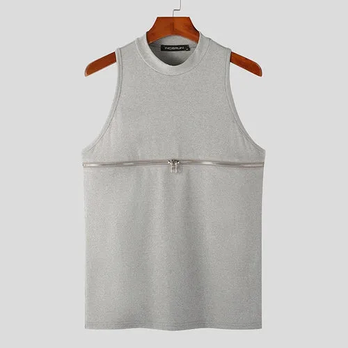 2023 Men Tank Tops Solid Color Turtleneck Sleeveless Knitted Casual