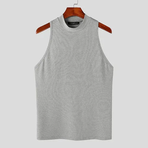 2023 Men Tank Tops Solid Color Turtleneck Sleeveless Knitted Casual