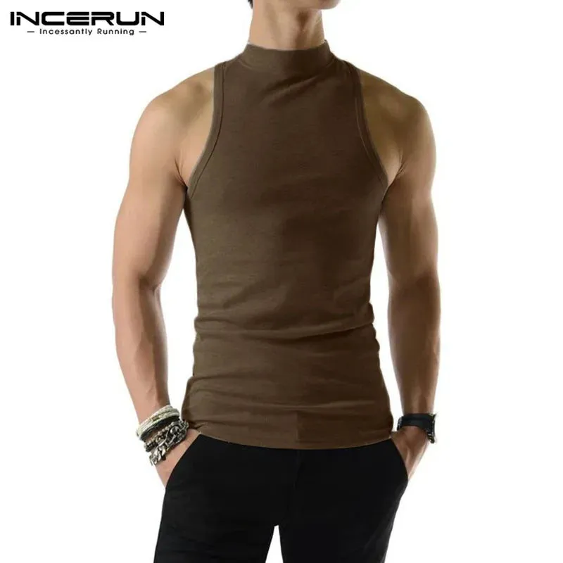 2023 Men Tank Tops Solid Color Turtleneck Sleeveless Knitted Casual