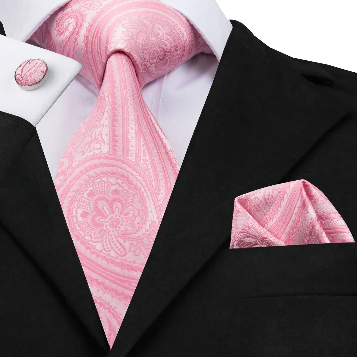 3PCS Luxury Pink Necktie Pocket Square Cufflinks Set