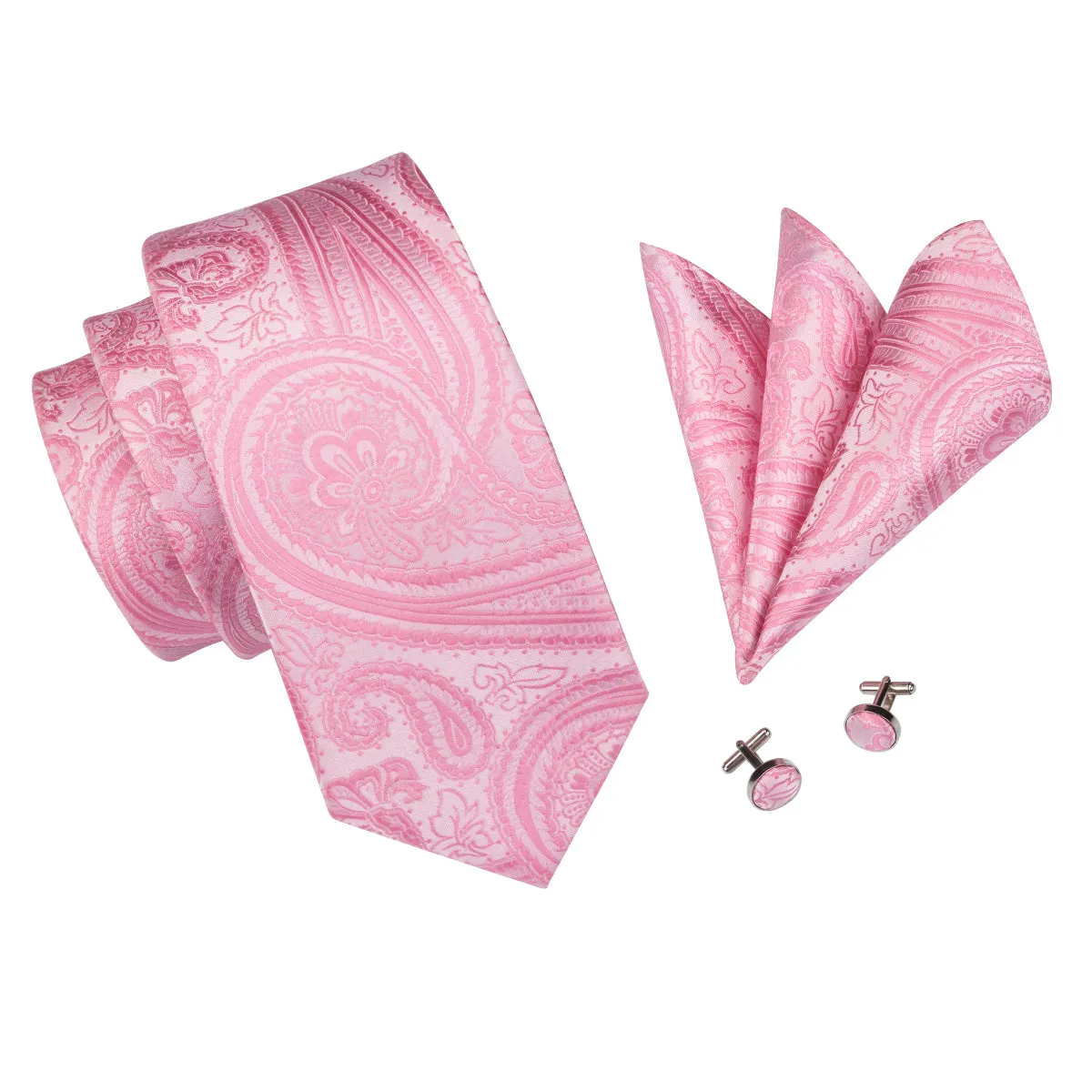 3PCS Luxury Pink Necktie Pocket Square Cufflinks Set