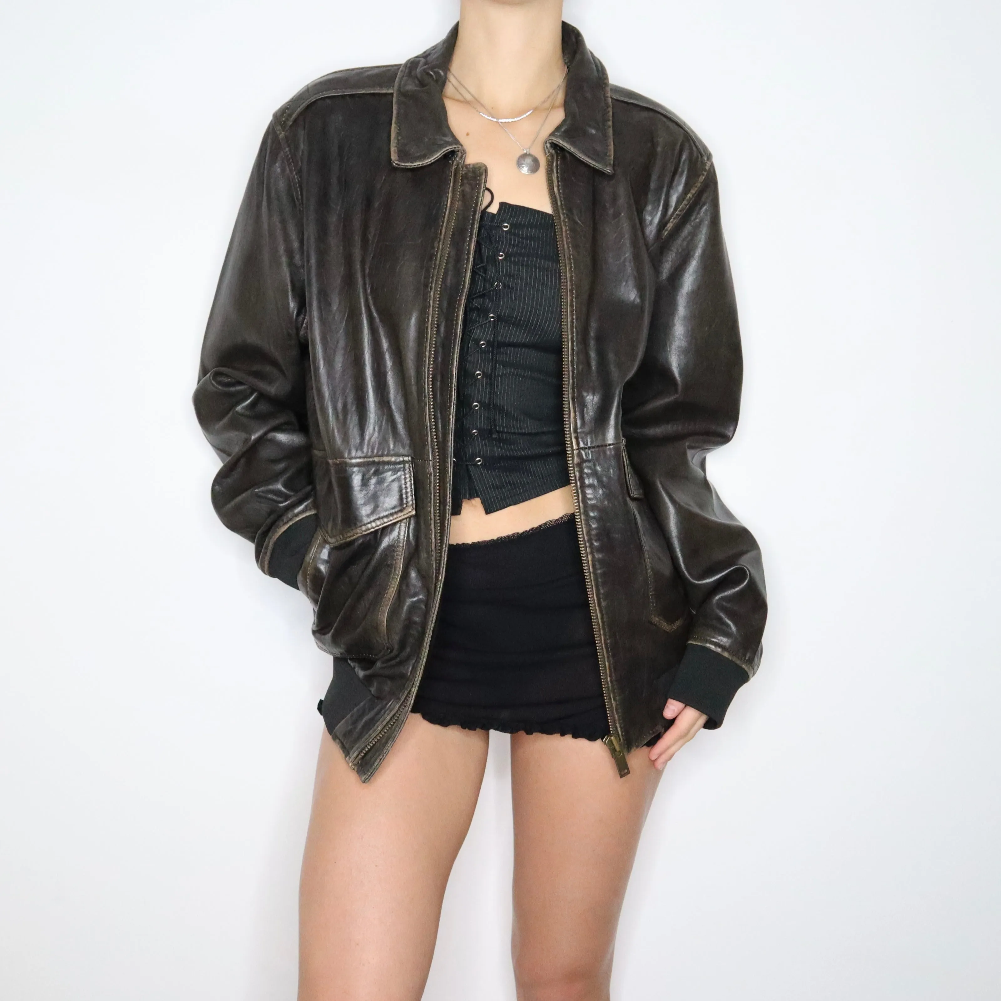 90s Oversized Brown Leather Bomber Jacket (L/XL)