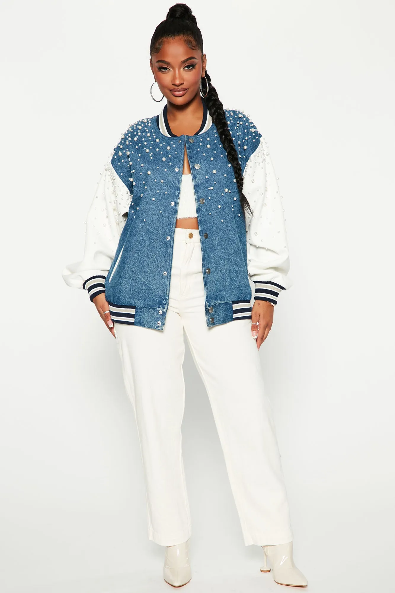 After Class Pearl Embellished Denim Bomber Jacket - Medium Wash