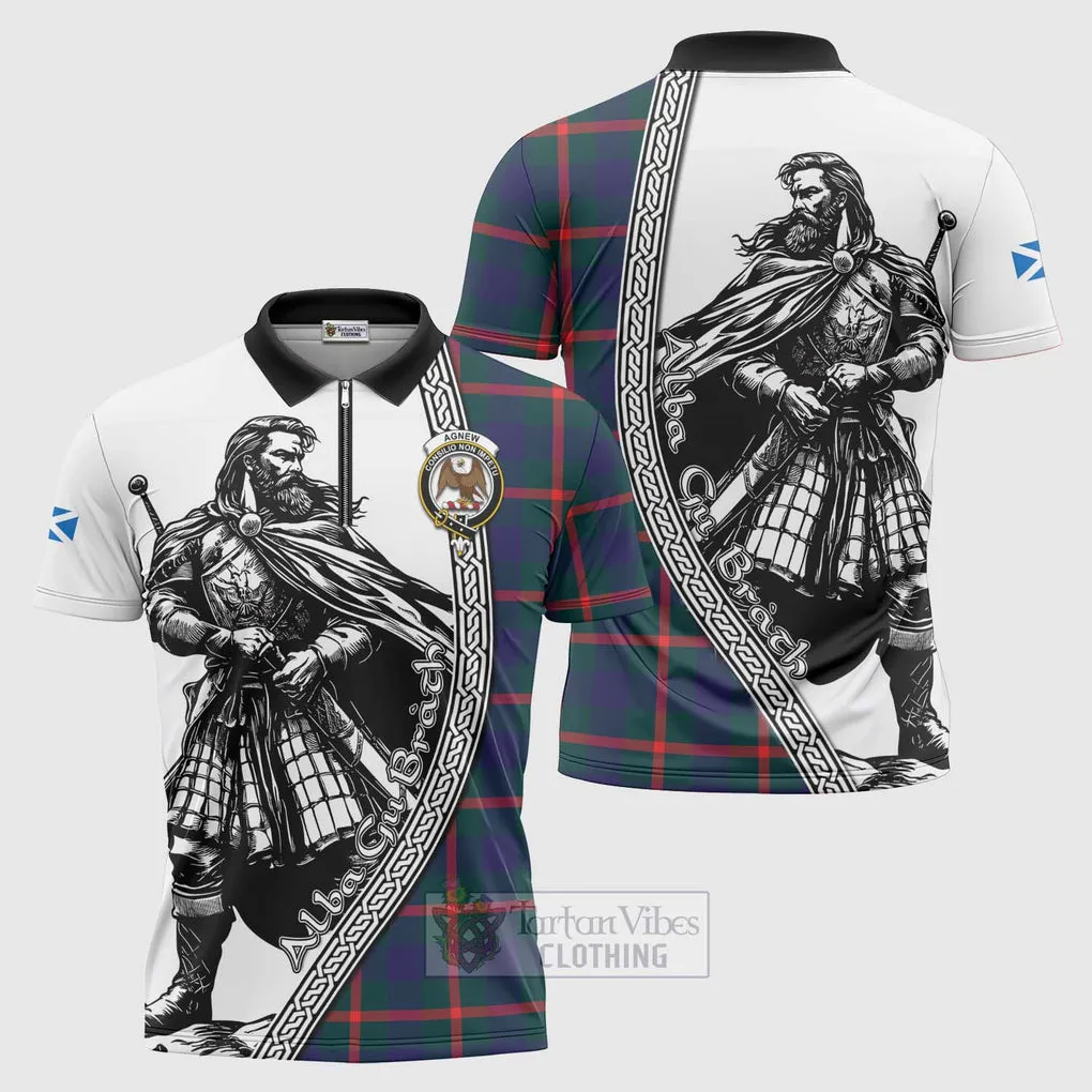 Agnew Tartan Clan Crest Zipper Polo Shirt with Highlander Warrior Celtic Style