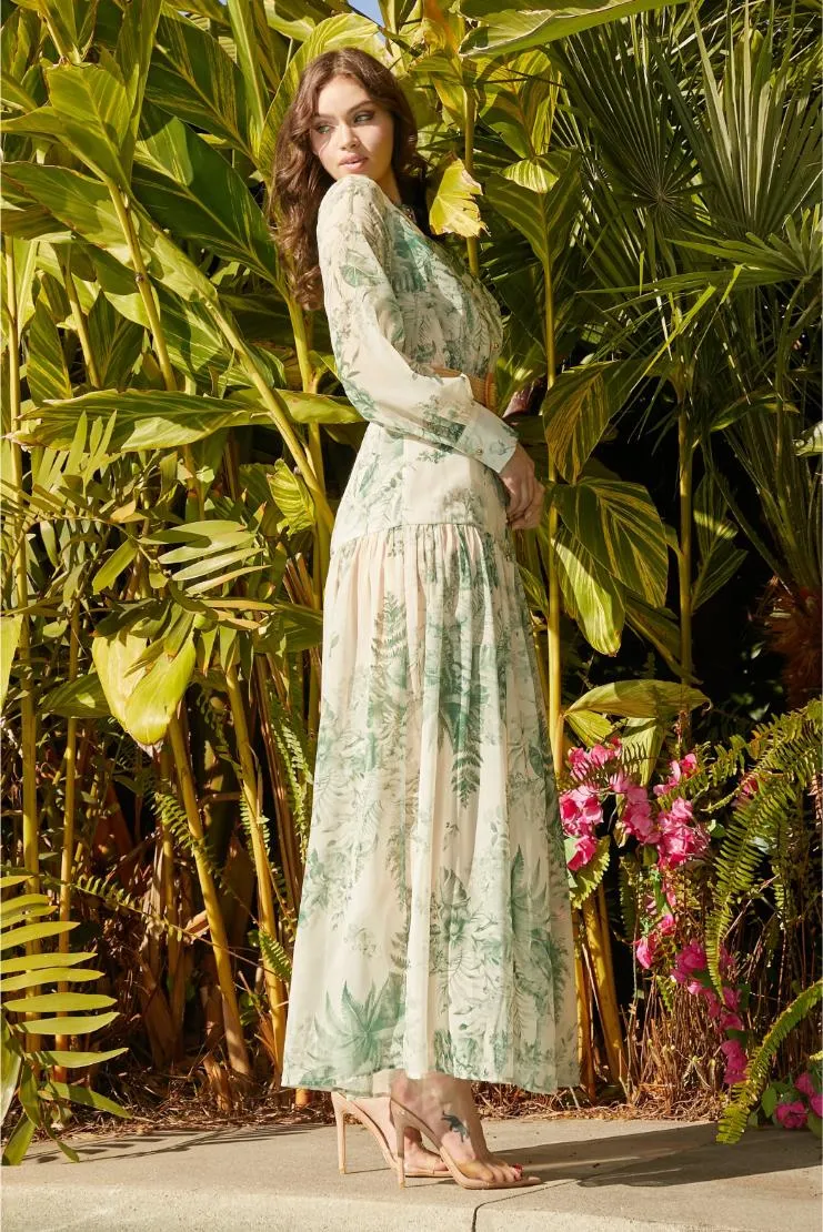 Alara Elegance Maxi Dress - Green Leaf Print