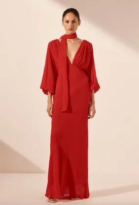 Amina Plunge Balloon Sleeve Maxi Chilli