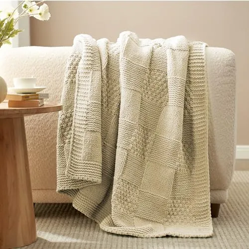 Amélie Home Checkered Throw Blanket Soft Cozy Knit Throw Blanket Farmhouse Decorative Chenille Throw Blanket for Couch Bed Sofa Living Room, 50"x 60", Beige