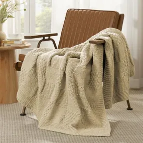 Amélie Home Checkered Throw Blanket Soft Cozy Knit Throw Blanket Farmhouse Decorative Chenille Throw Blanket for Couch Bed Sofa Living Room, 50"x 60", Beige