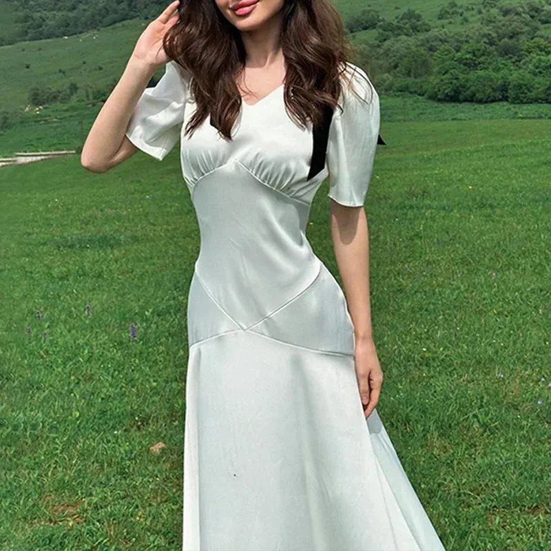 Amozae-Bows Lace Up Satin Maxi Evening Dress For Women V Neck Patchwork Puff Sleeve Elegant Female Summer Vacation Long Dress