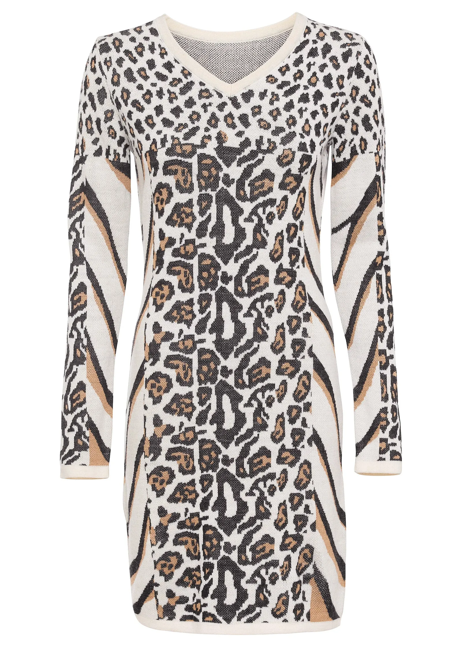 Animal Print Sweater Dress - Beige & Black