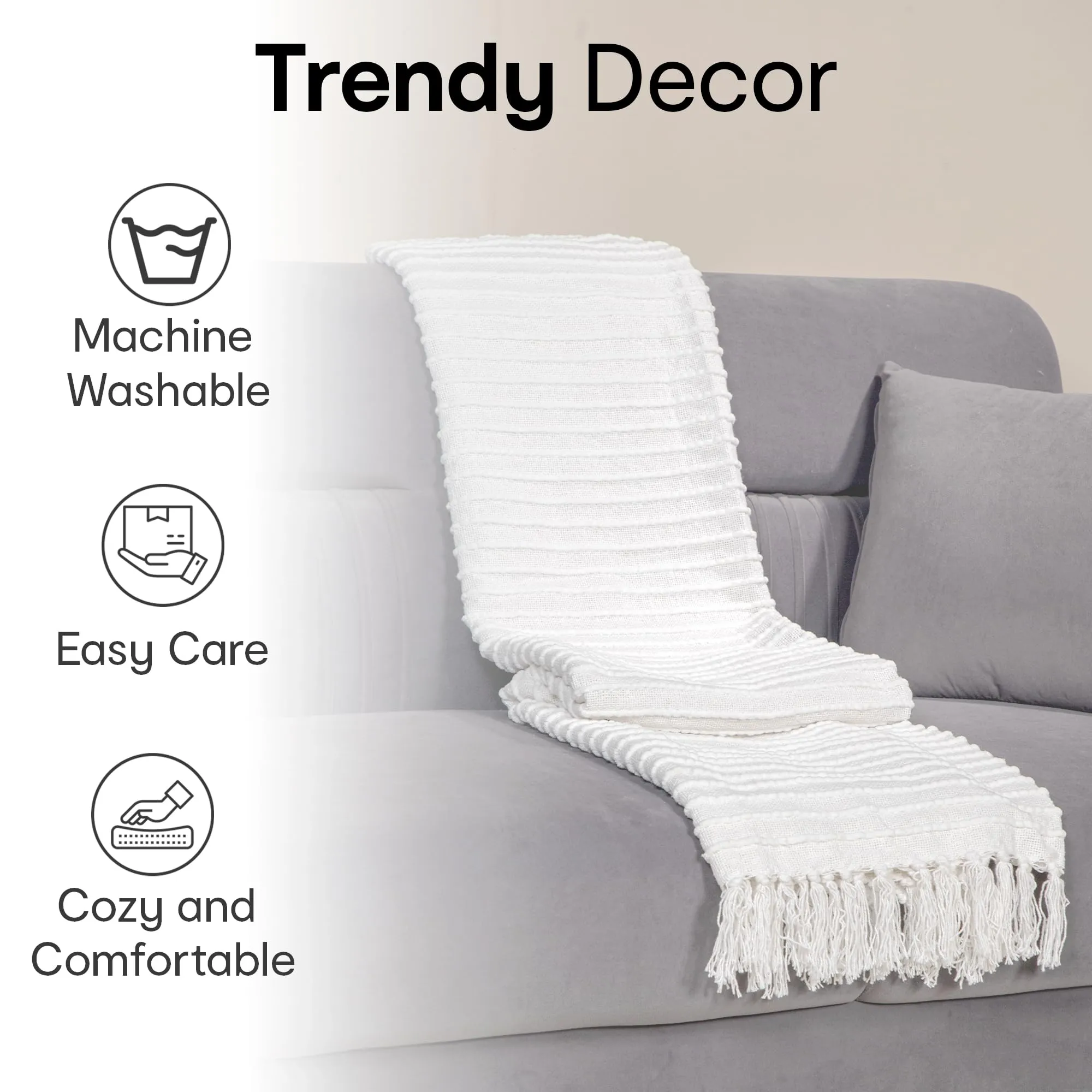 Anko Australia Cotton Ribbed Woven Sofa Throw | Super Soft Throws for Sofa and Couch | Reversible Machine Washable & Fade Resistant Throw Blanket | White | Ideal for Picnic & Gifts | 152x127cm