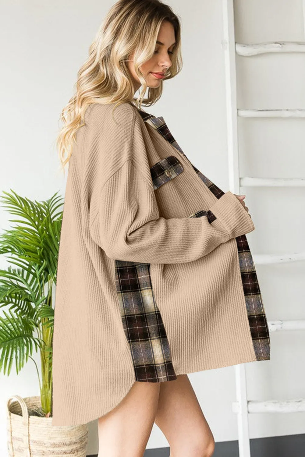 Apricot Plaid Patchwork Waffle Thermal Knit Shacket