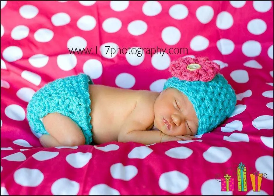 Aqua Pink Baby Diaper Cover And Hat Set