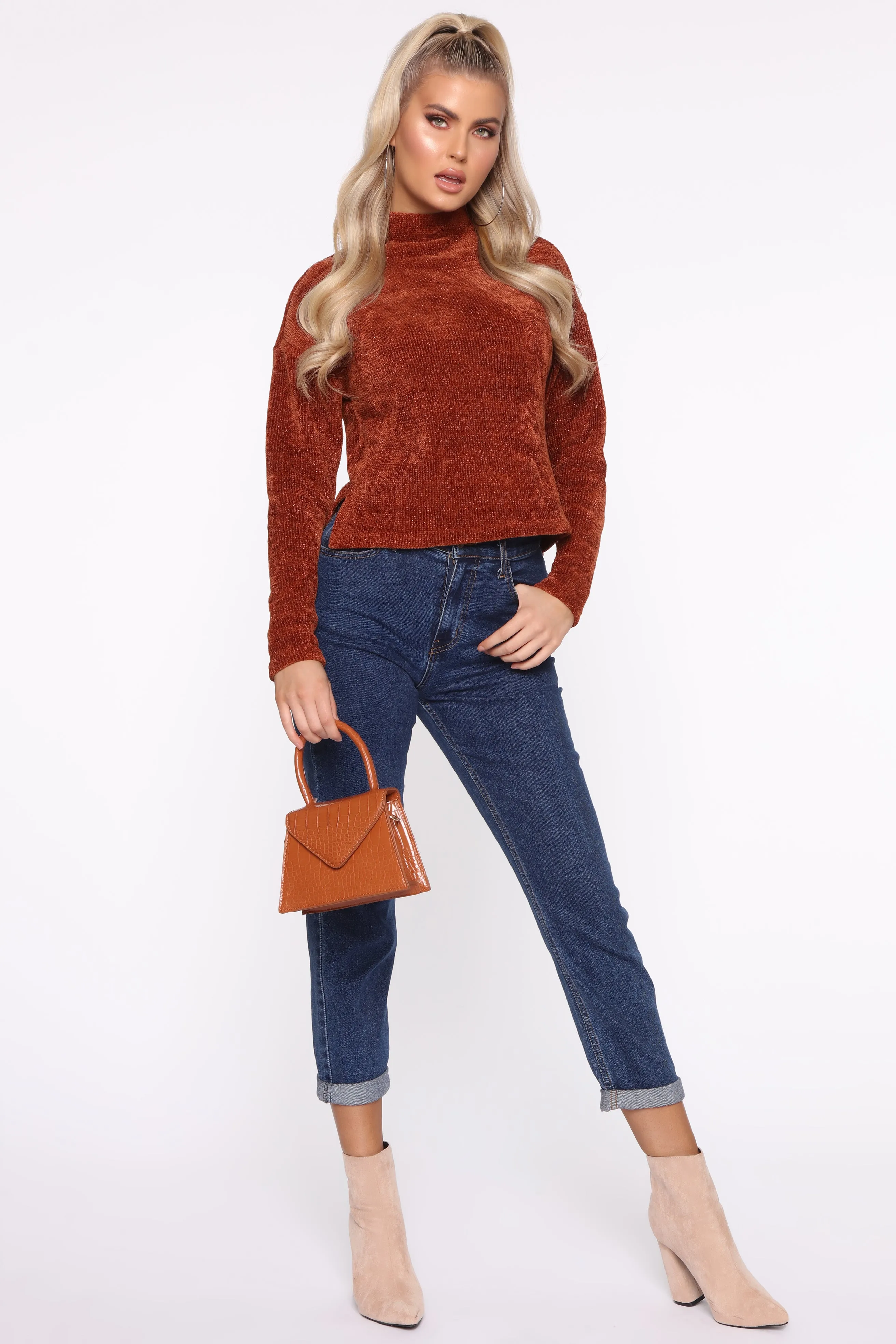 At Your Best Mock Neck Sweater - Cognac