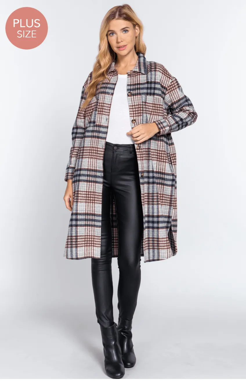 Basic Plus Long Sleeve w/ big Pocket detail plaid jacquard shirt long jacket-J73260