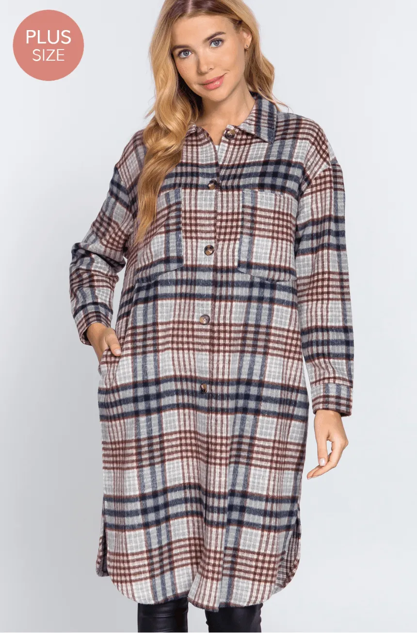 Basic Plus Long Sleeve w/ big Pocket detail plaid jacquard shirt long jacket-J73260