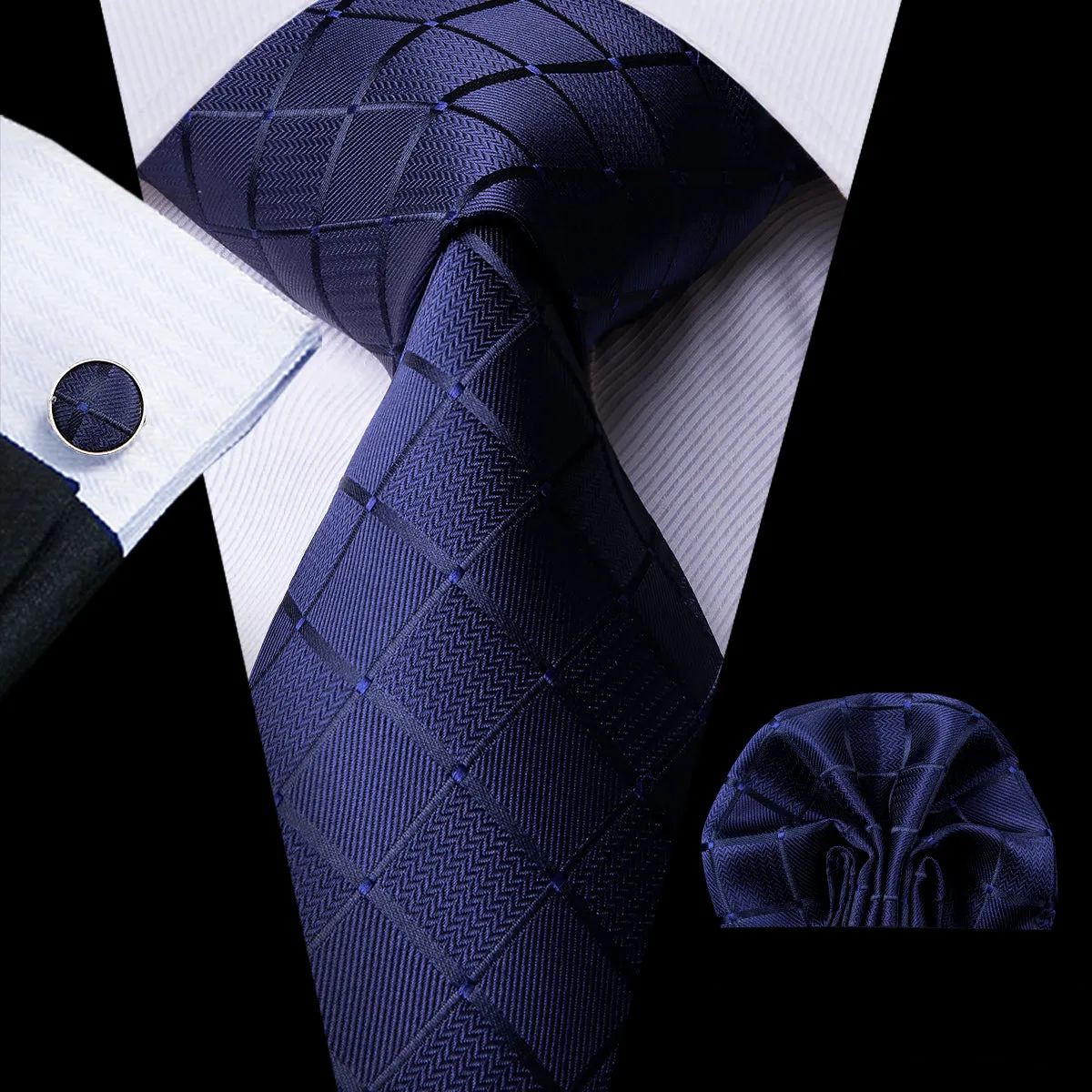 Beautiful Blue Plaid Tie Pocket Square Cufflinks Set