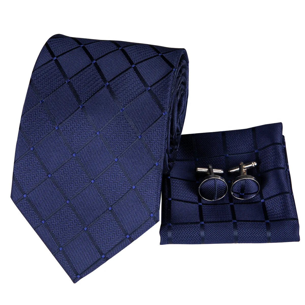 Beautiful Blue Plaid Tie Pocket Square Cufflinks Set