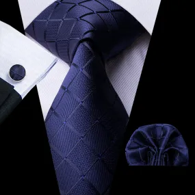 Beautiful Blue Plaid Tie Pocket Square Cufflinks Set