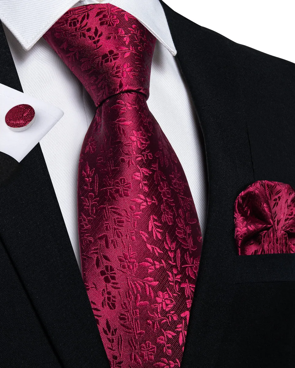 Beautiful Red Floral Silk Tie Pocket Square Cufflinks Set