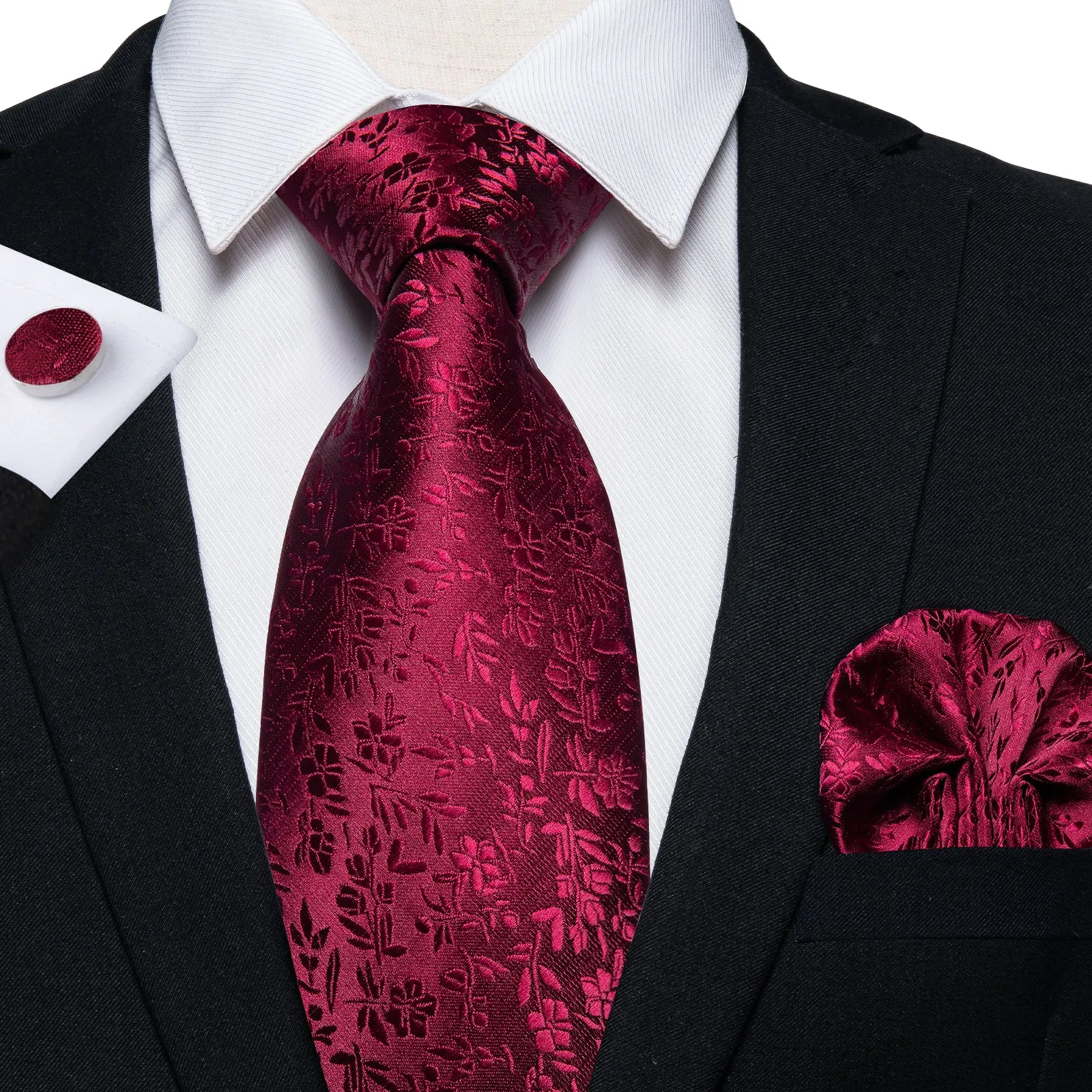 Beautiful Red Floral Silk Tie Pocket Square Cufflinks Set