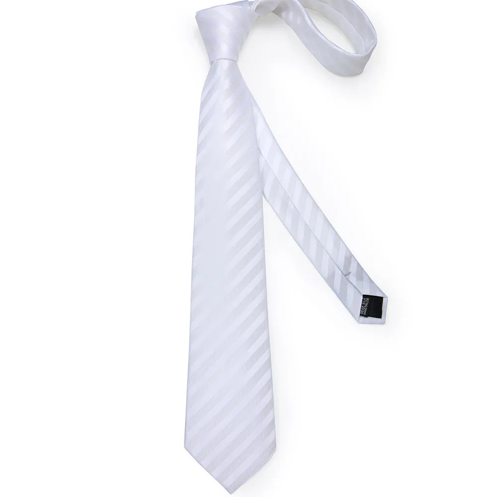 Beautiful White Striped Tie Pocket Square Cufflinks Set