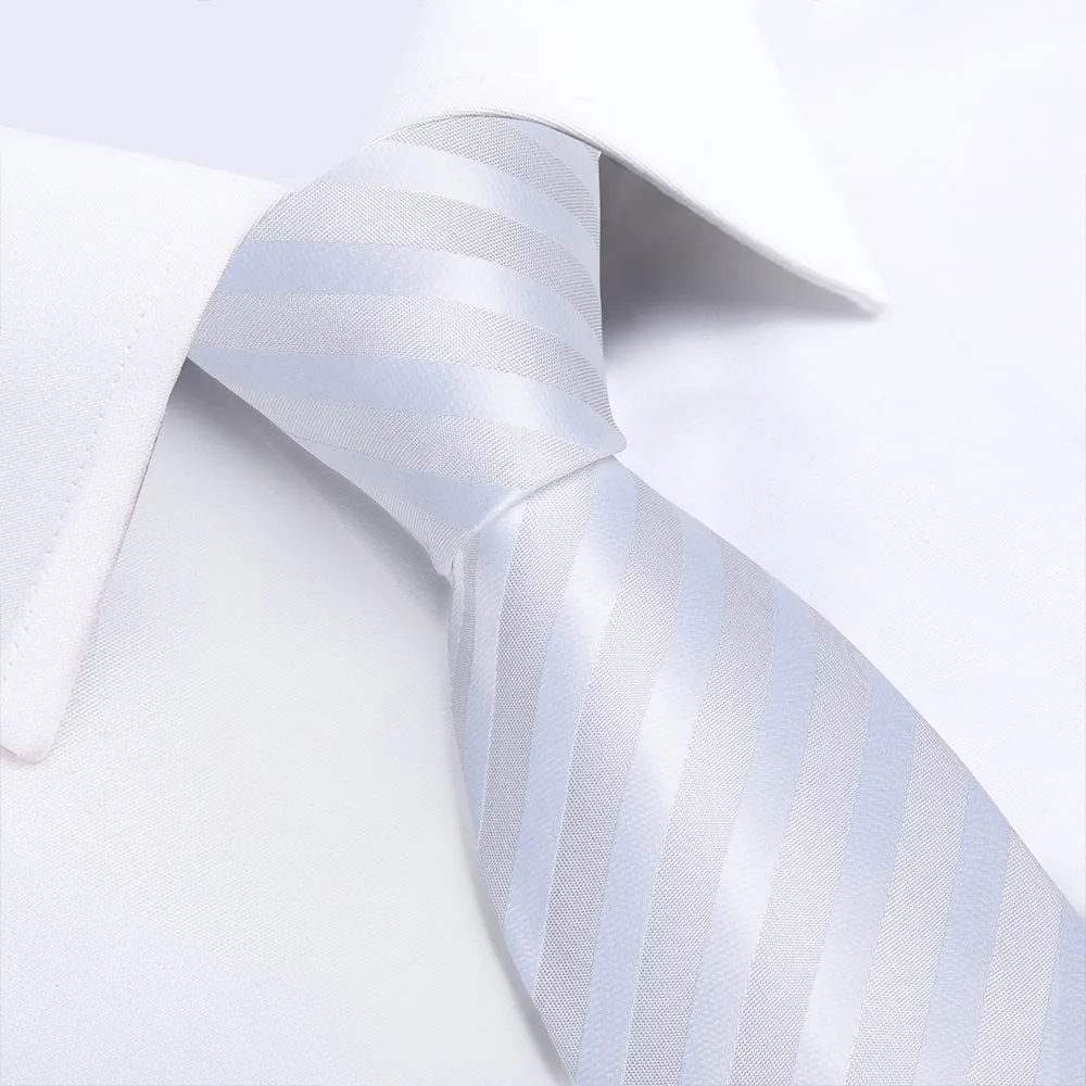 Beautiful White Striped Tie Pocket Square Cufflinks Set