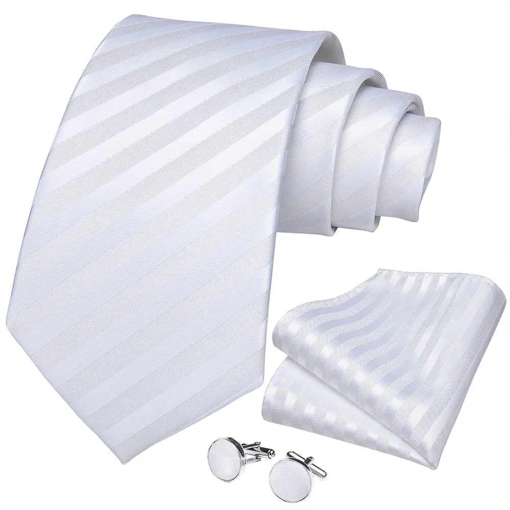 Beautiful White Striped Tie Pocket Square Cufflinks Set