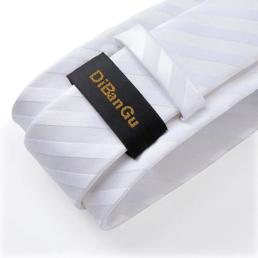 Beautiful White Striped Tie Pocket Square Cufflinks Set