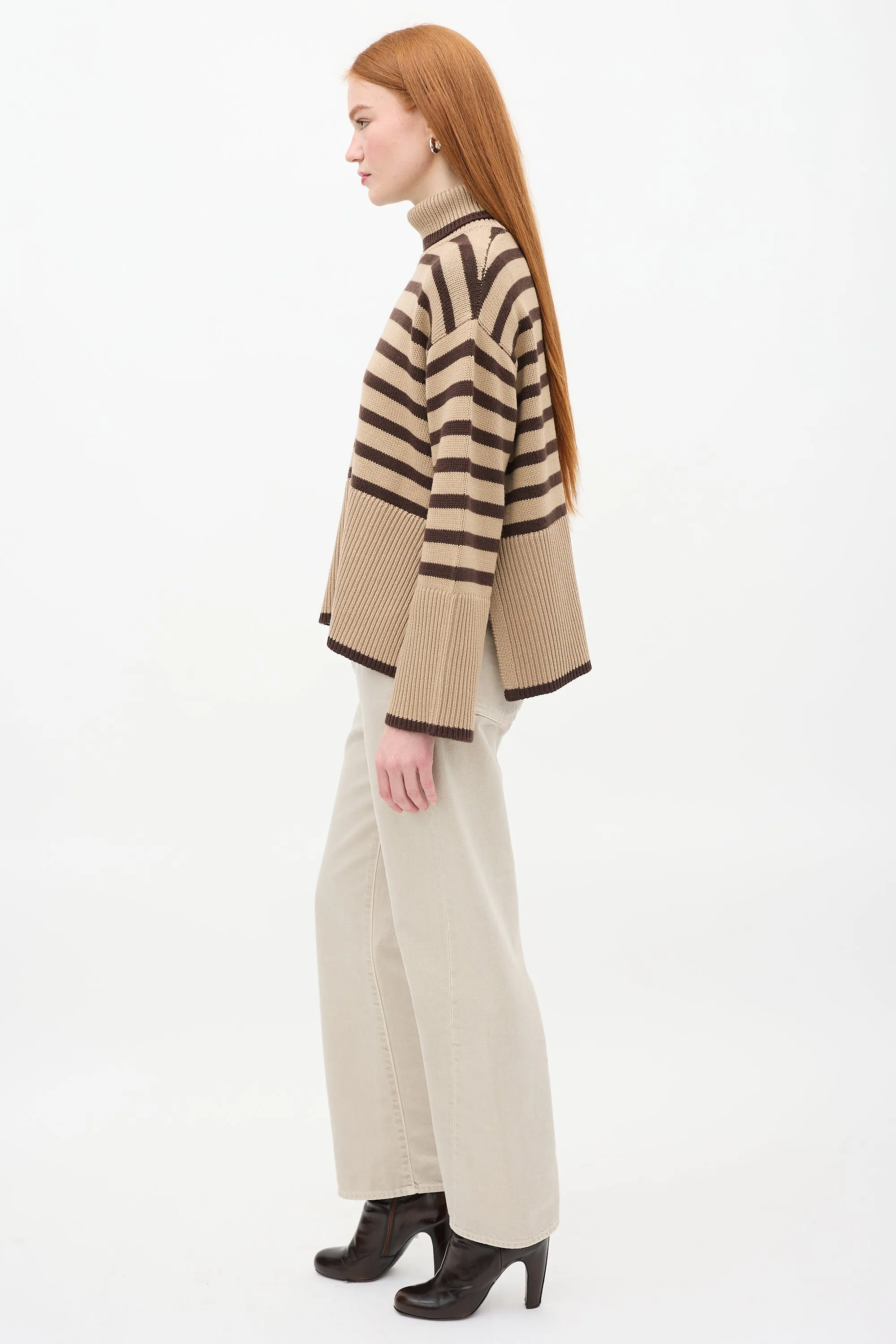 Beige & Brown Wool & Cotton Signature Stripe Turtleneck Sweater