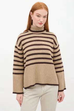 Beige & Brown Wool & Cotton Signature Stripe Turtleneck Sweater