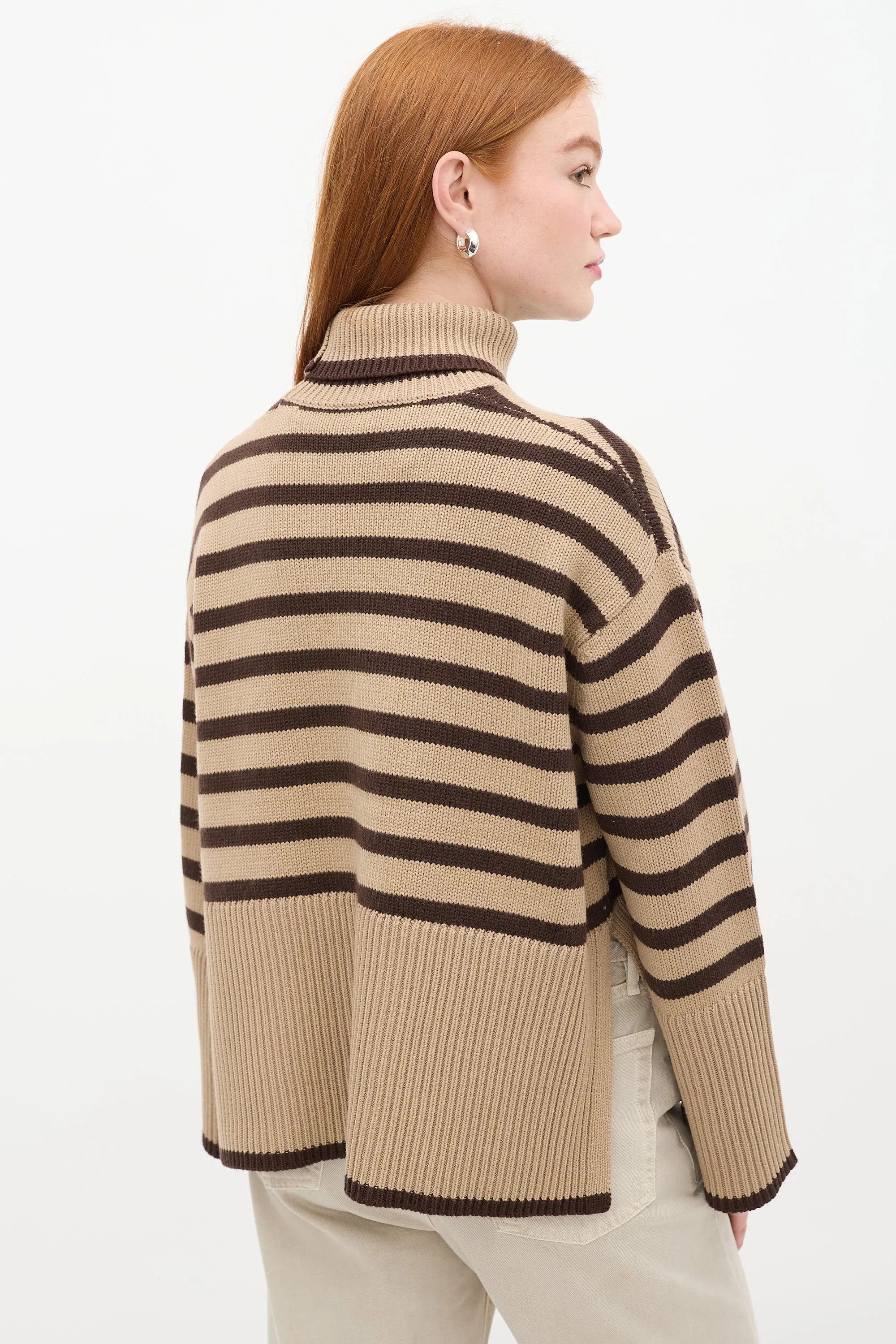 Beige & Brown Wool & Cotton Signature Stripe Turtleneck Sweater