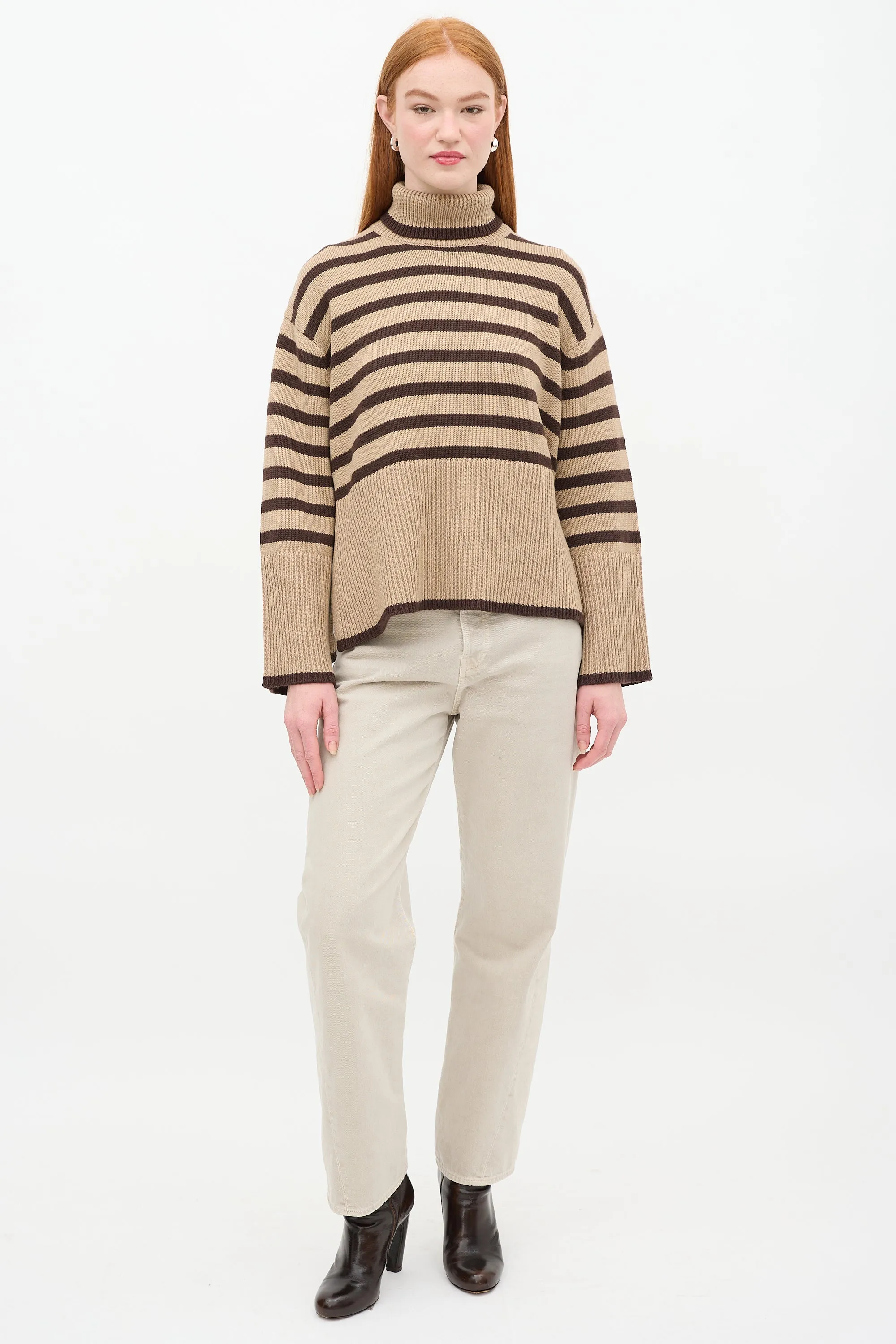 Beige & Brown Wool & Cotton Signature Stripe Turtleneck Sweater