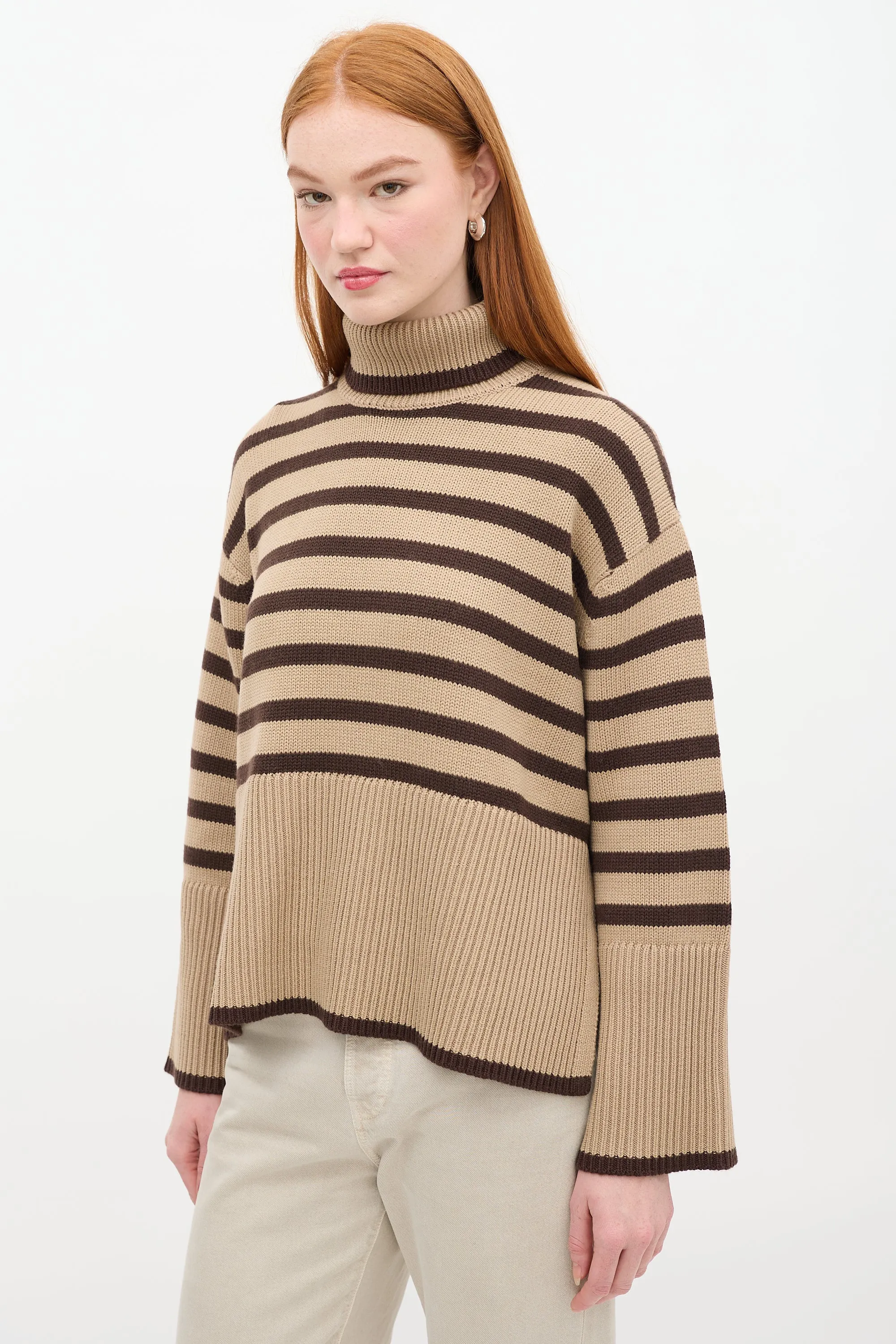 Beige & Brown Wool & Cotton Signature Stripe Turtleneck Sweater