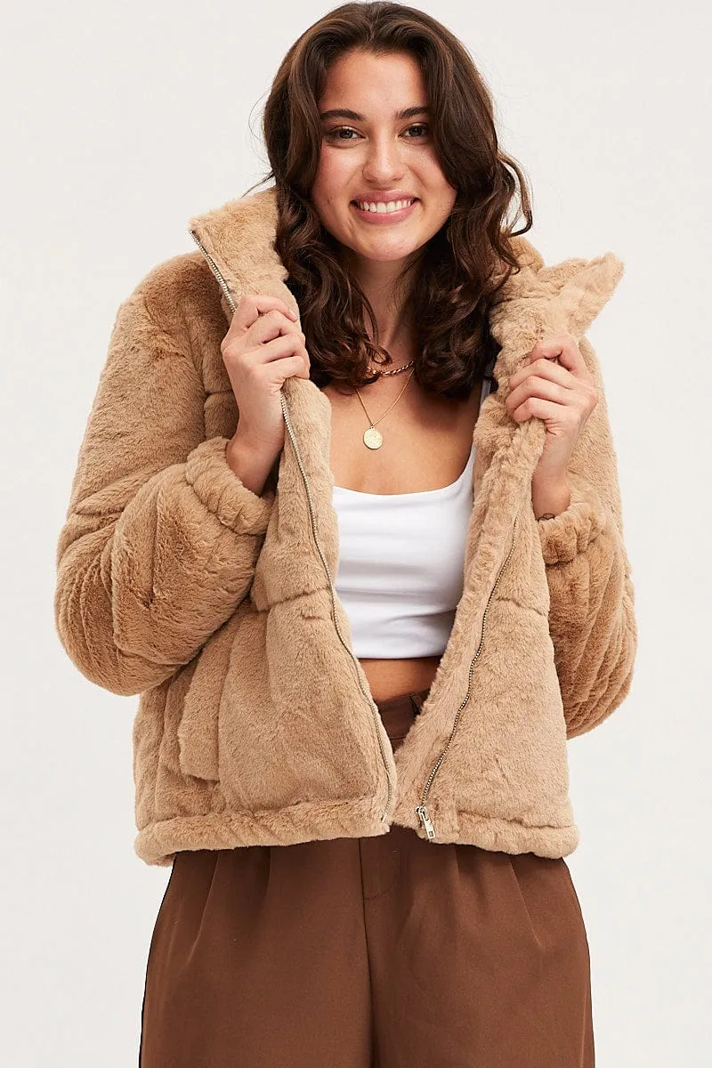 Beige Faux Fur Jacket Long Sleeve