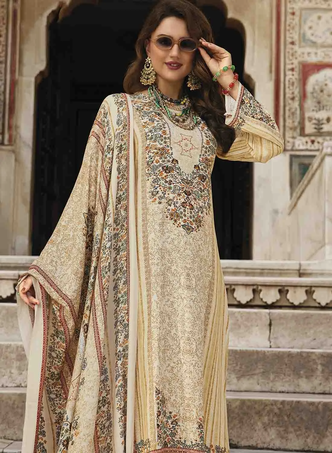 Beige Pure Pashmina Unstitched Winter Suit Dress Material for Women