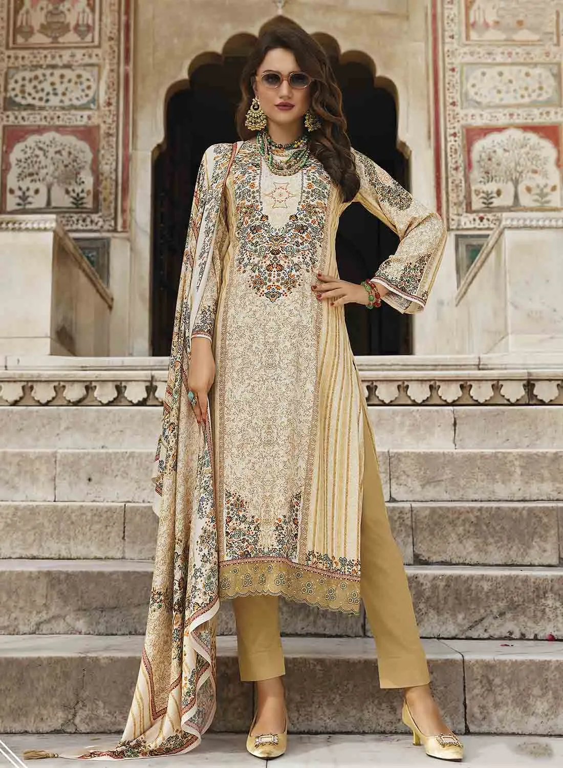 Beige Pure Pashmina Unstitched Winter Suit Dress Material for Women