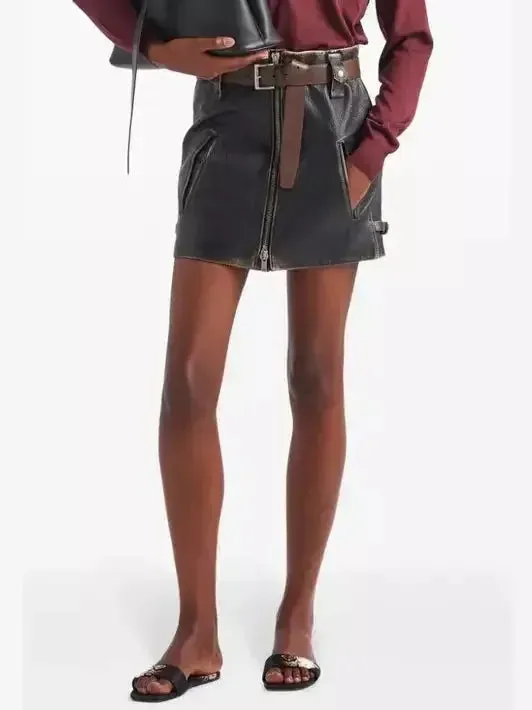 Belted Black Leather Zip Mini Skirt