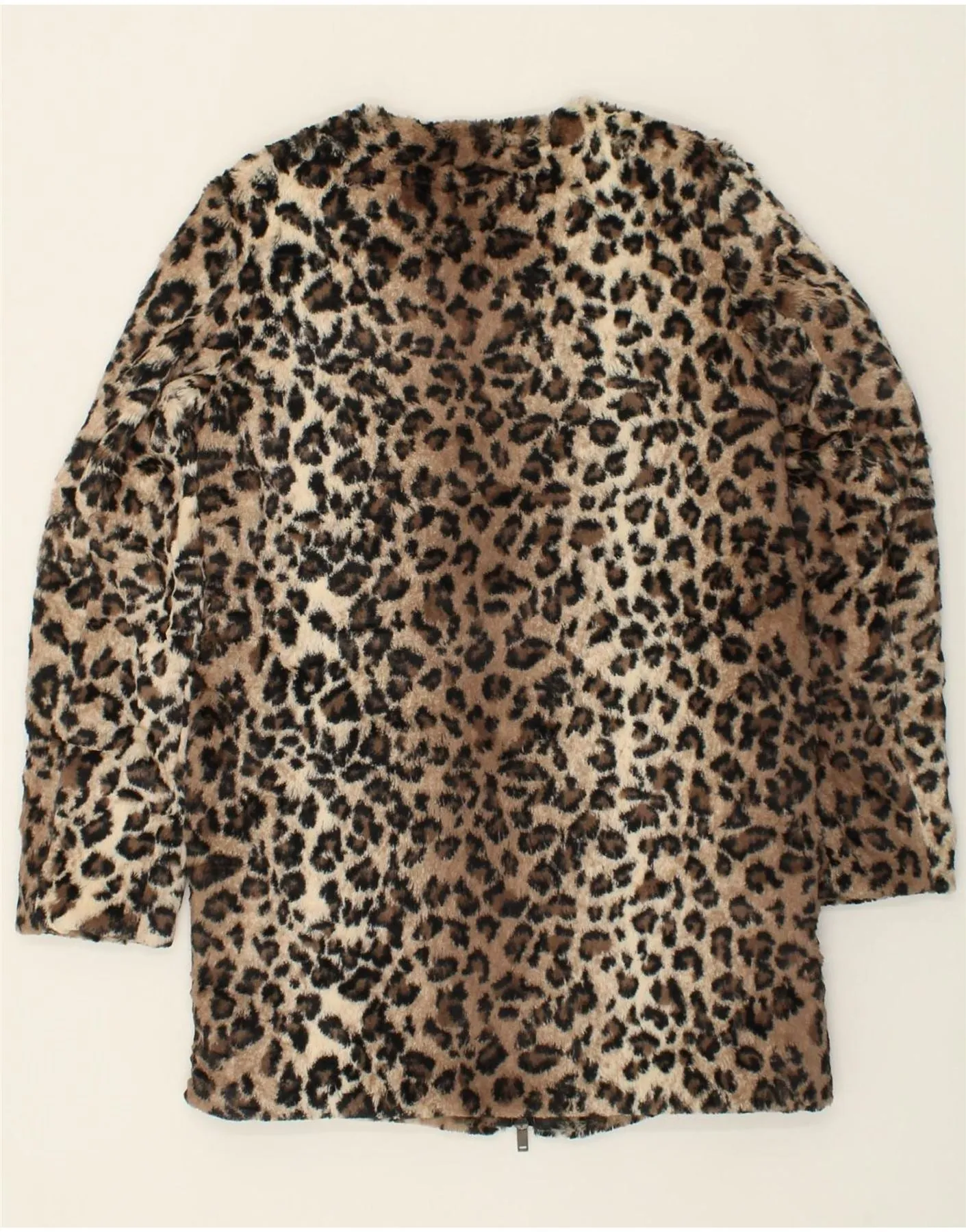 BENETTON Womens Faux Fur Overcoat UK 8 Small Brown Animal Print Polyester