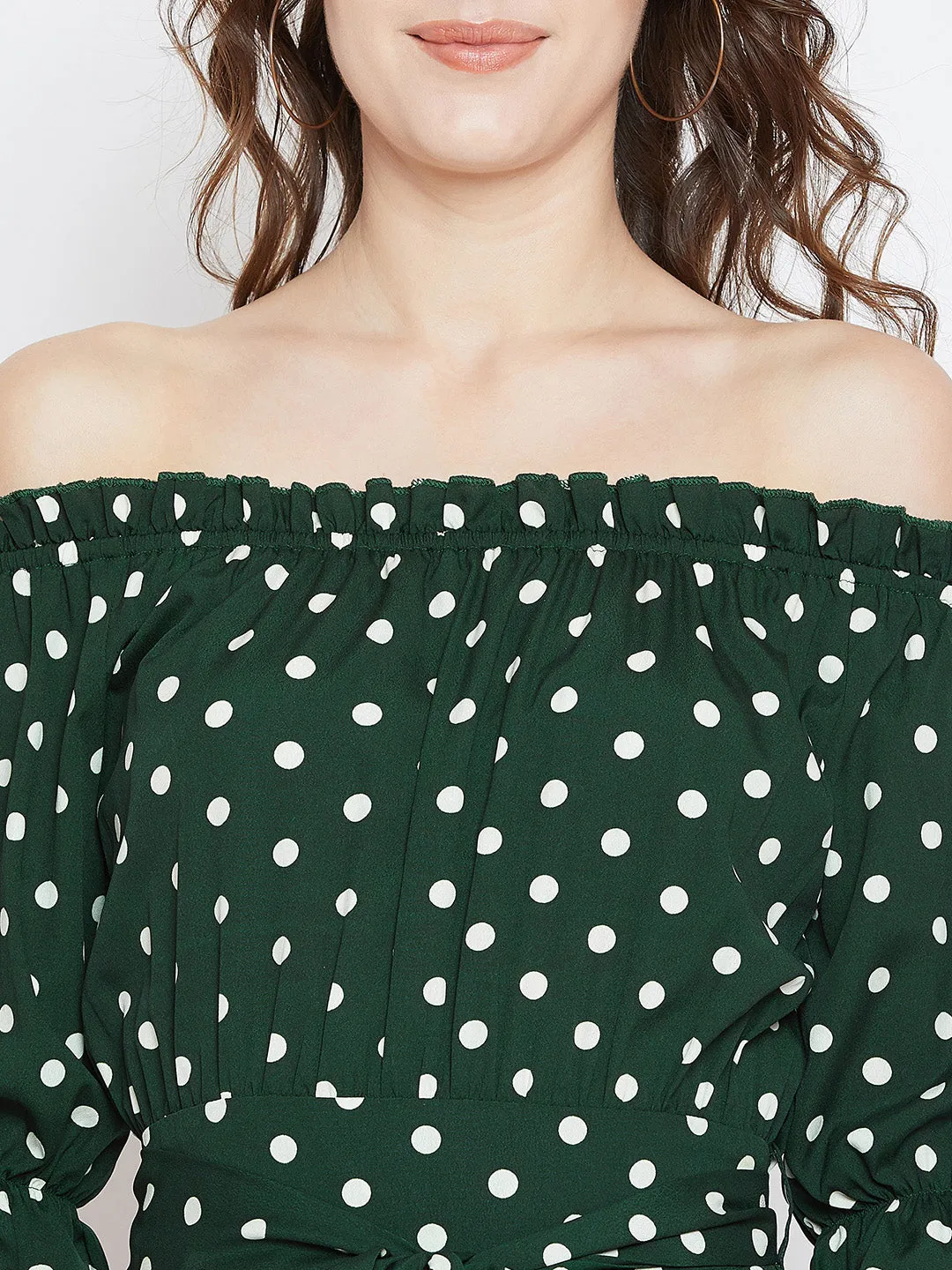 Berrylush Women Green & White Polka Dot Printed Off-Shoulder Waist Tie-Up Tiered Maxi Dress