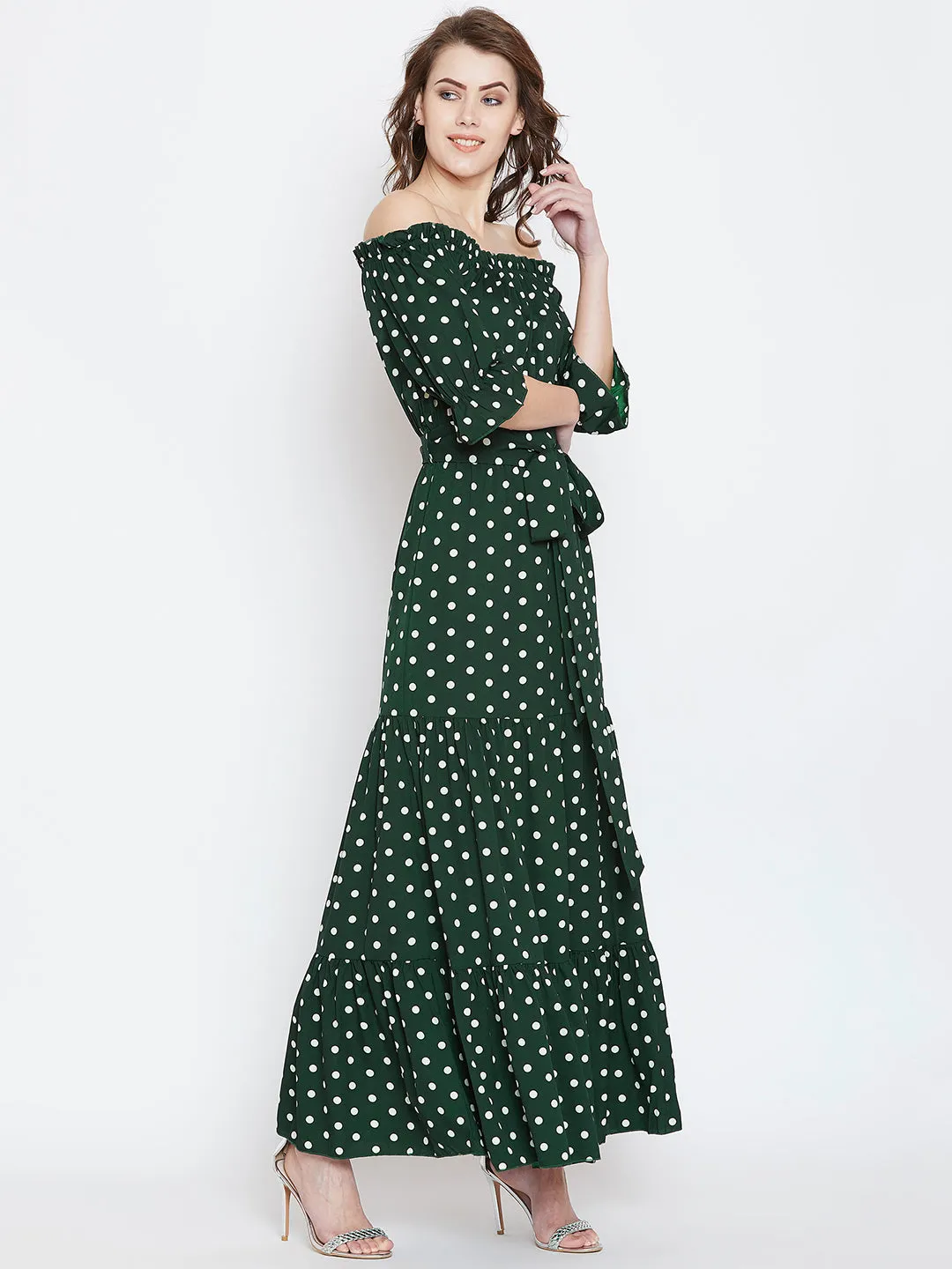 Berrylush Women Green & White Polka Dot Printed Off-Shoulder Waist Tie-Up Tiered Maxi Dress